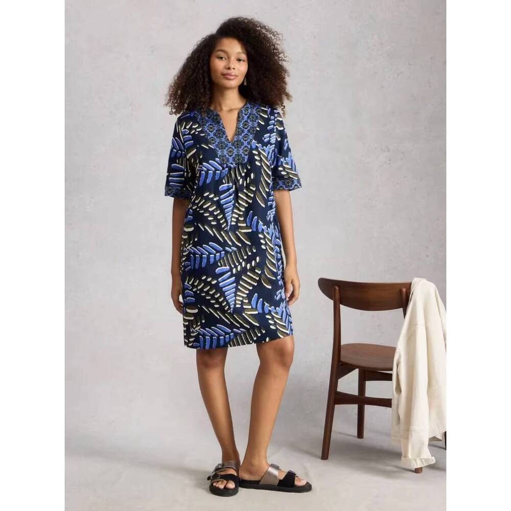 NEW WHITE STUFF ash linen mini dress in navy print